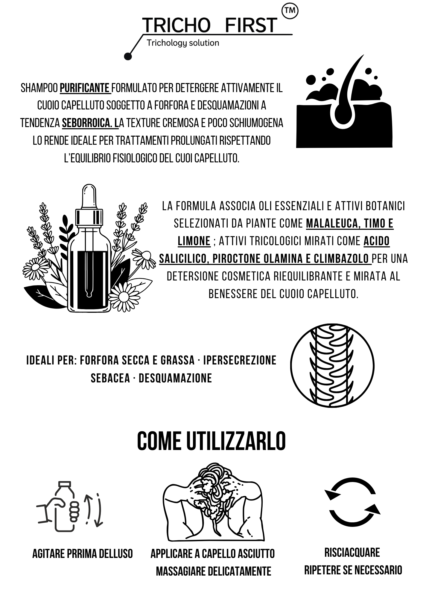 SHAMPOO DS PURIFICANTE TRICHOFIRST - TRATTANTE - FORFORA SECCA E GRASSA - CLIMBAZOLO PIROCTONE OLAMINA TEA TREE ACIDO SALICILICO LIMONE