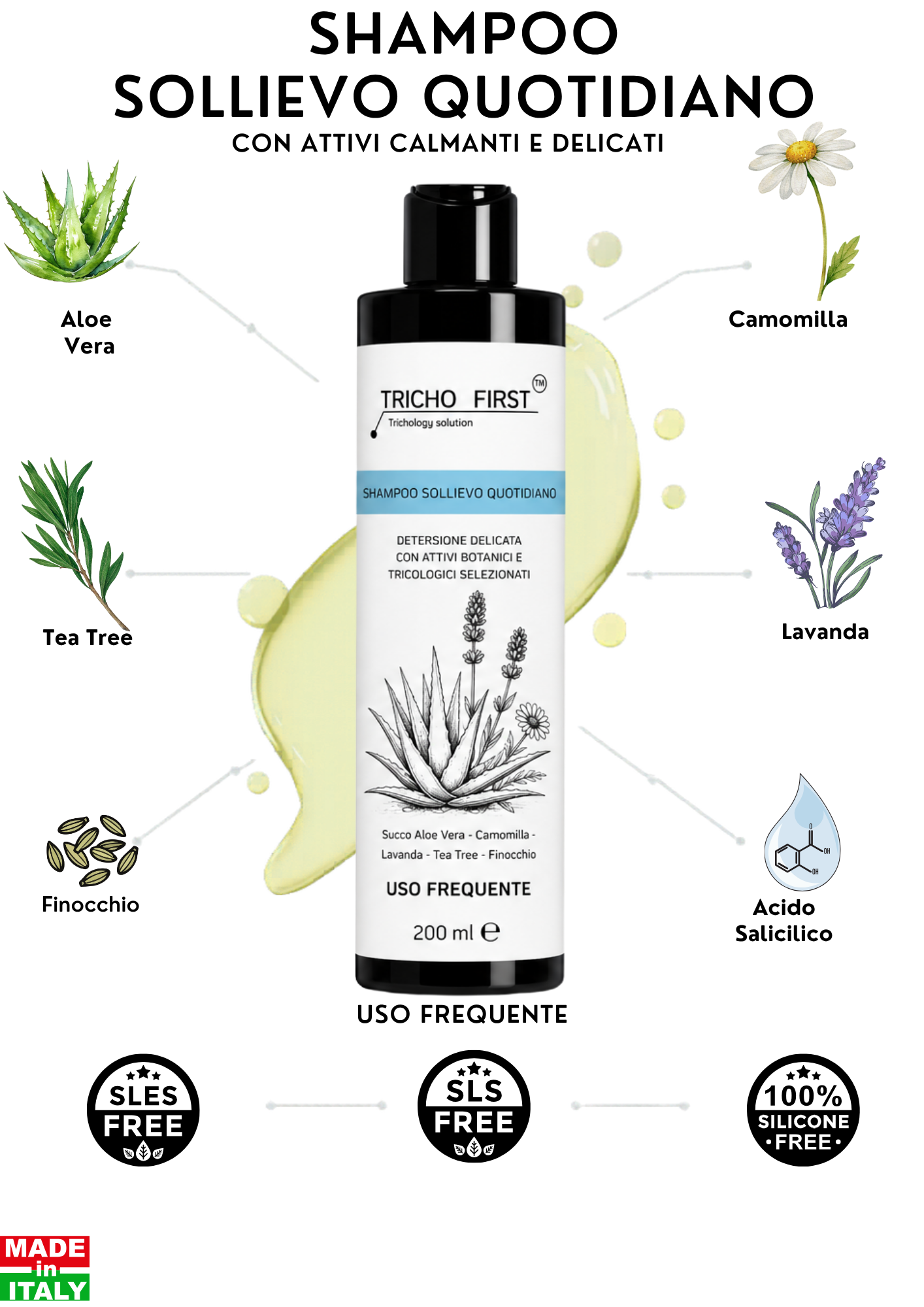 SHAMPOO SOLLIEVO QUOTIDIANO - TRICHOFIRST USO FREQUENTE LENITIVO ALOE CAMOMILLA LAVANDA TEA TREE
